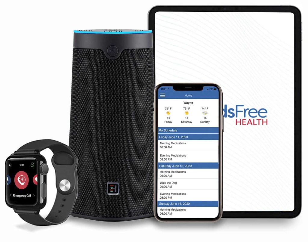 The collection of WellBe virtual health assistant options, including the smart speaker, smartwatch, and app.