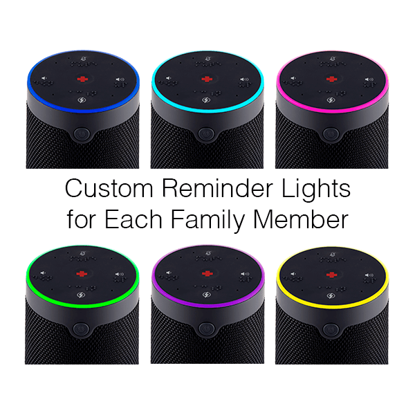 Six WellBe virtual health assistant devices with rings illuminated in different colors.