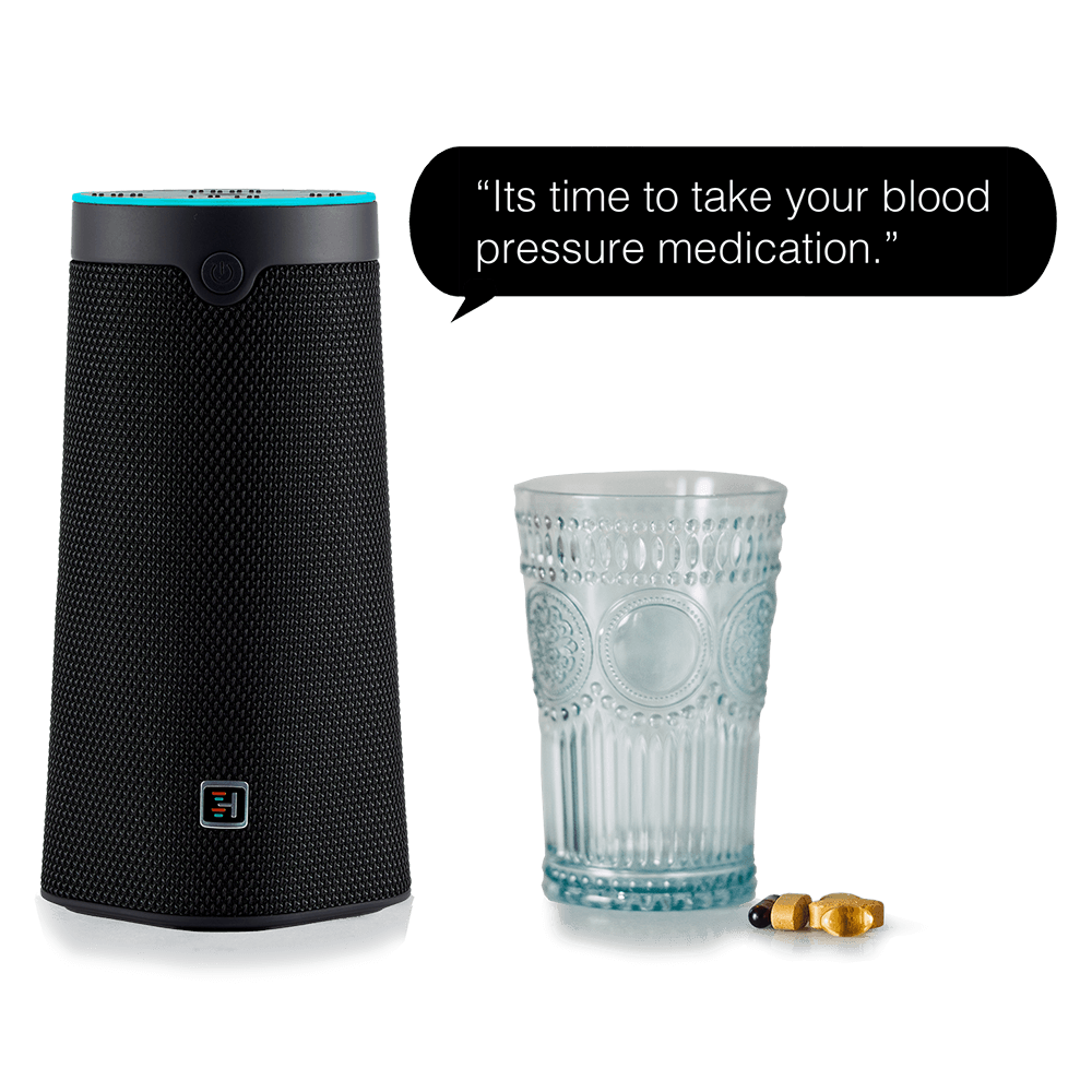 WellBe Medical Alert Smart Speaker with a glass of water and pill under a speech bubble reminding the user to take meds.
