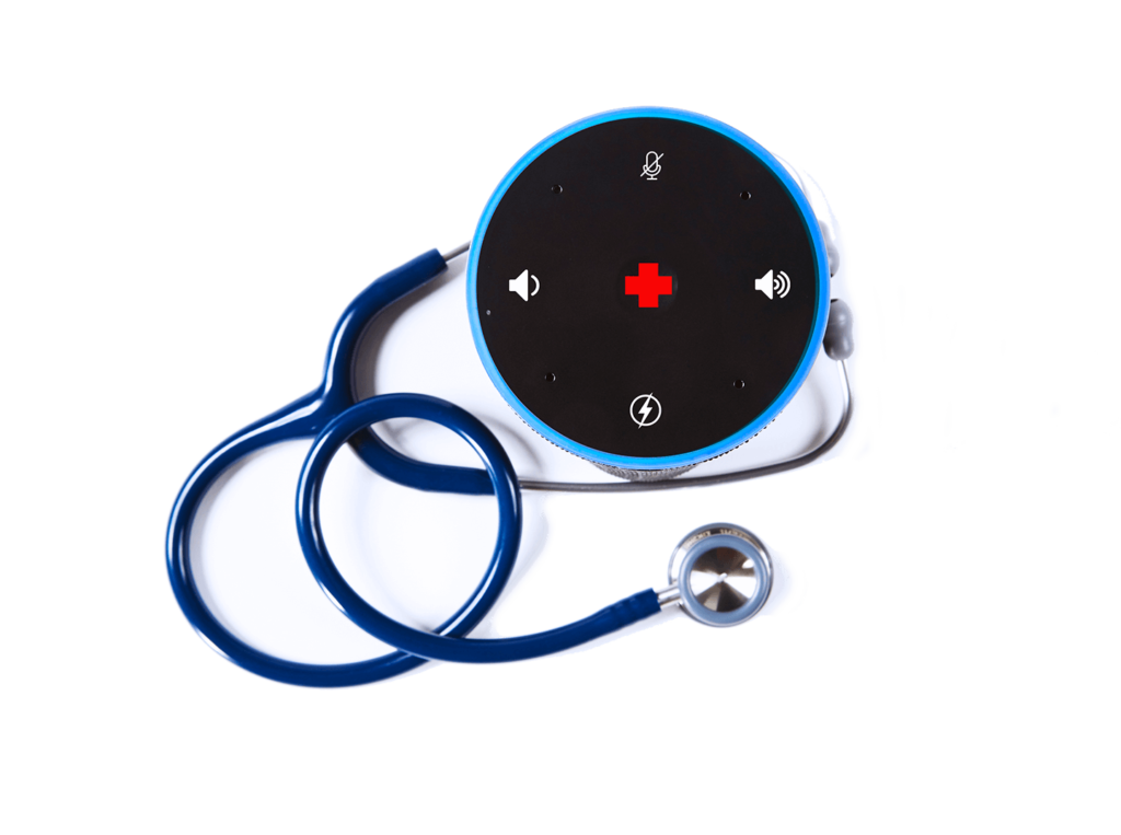 Top view of a WellBe virtual health assistant surrounded by a stethoscope.