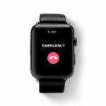 A front view of the WellBe Medical Alert SmartWatch with an emergency call in progress.