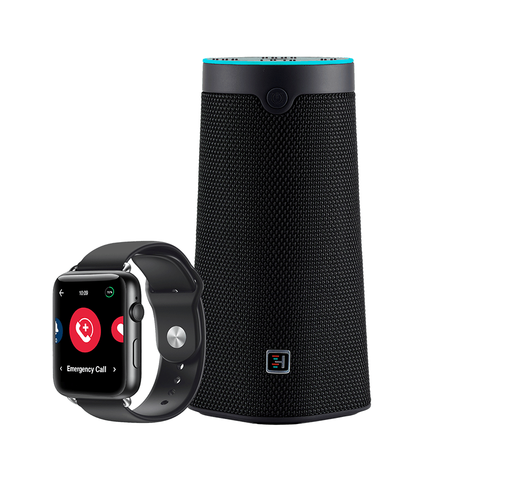 The WellBe Smarts Speaker and Smartwatch isolated on a white background.