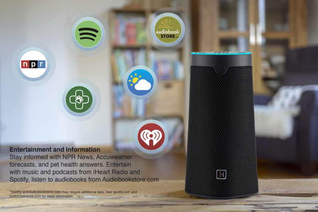 WellBe® Voice-Assisted Healthcare Smart Speaker surrounded by music, news, weather, and other entertainment icons.