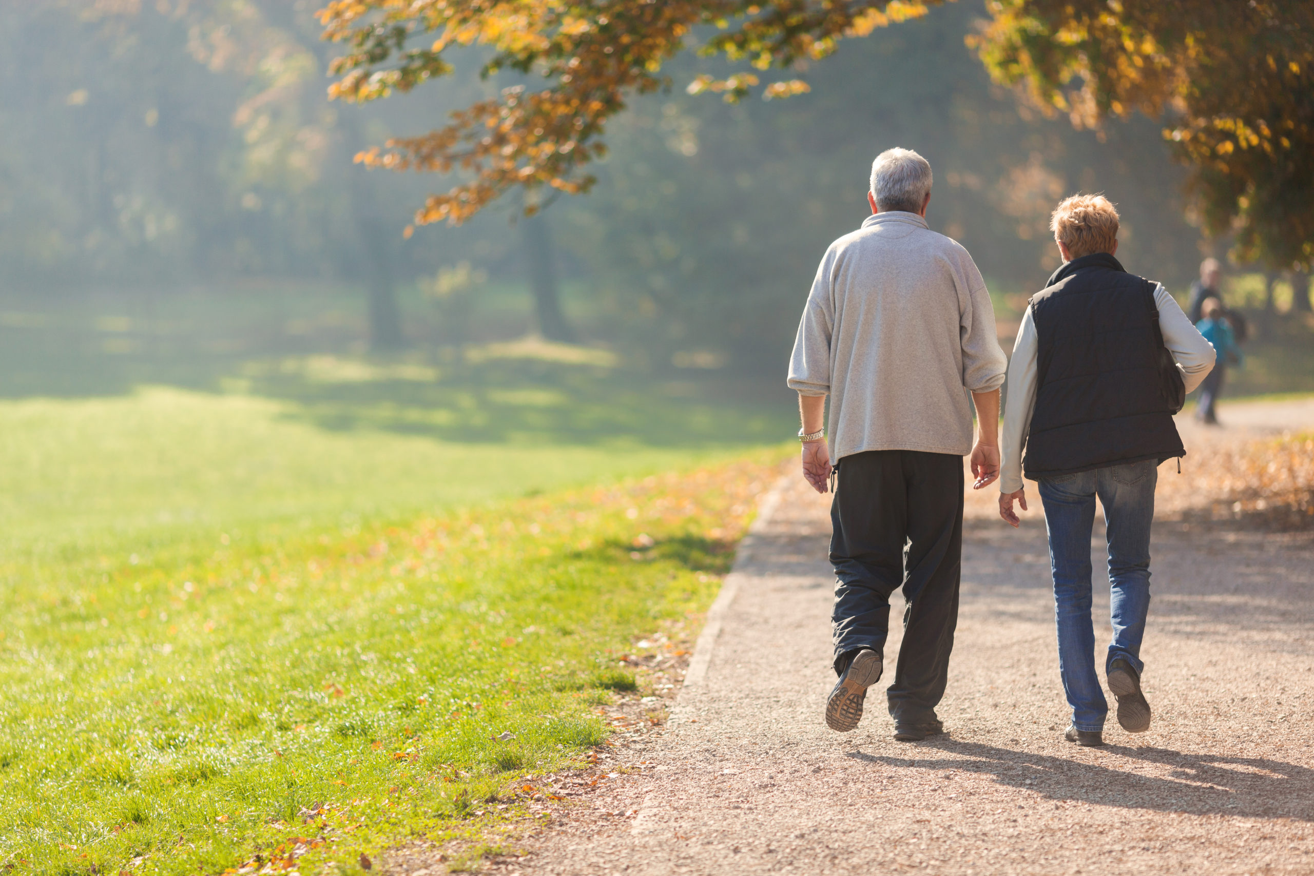 Senior couple walking together at a park. 
