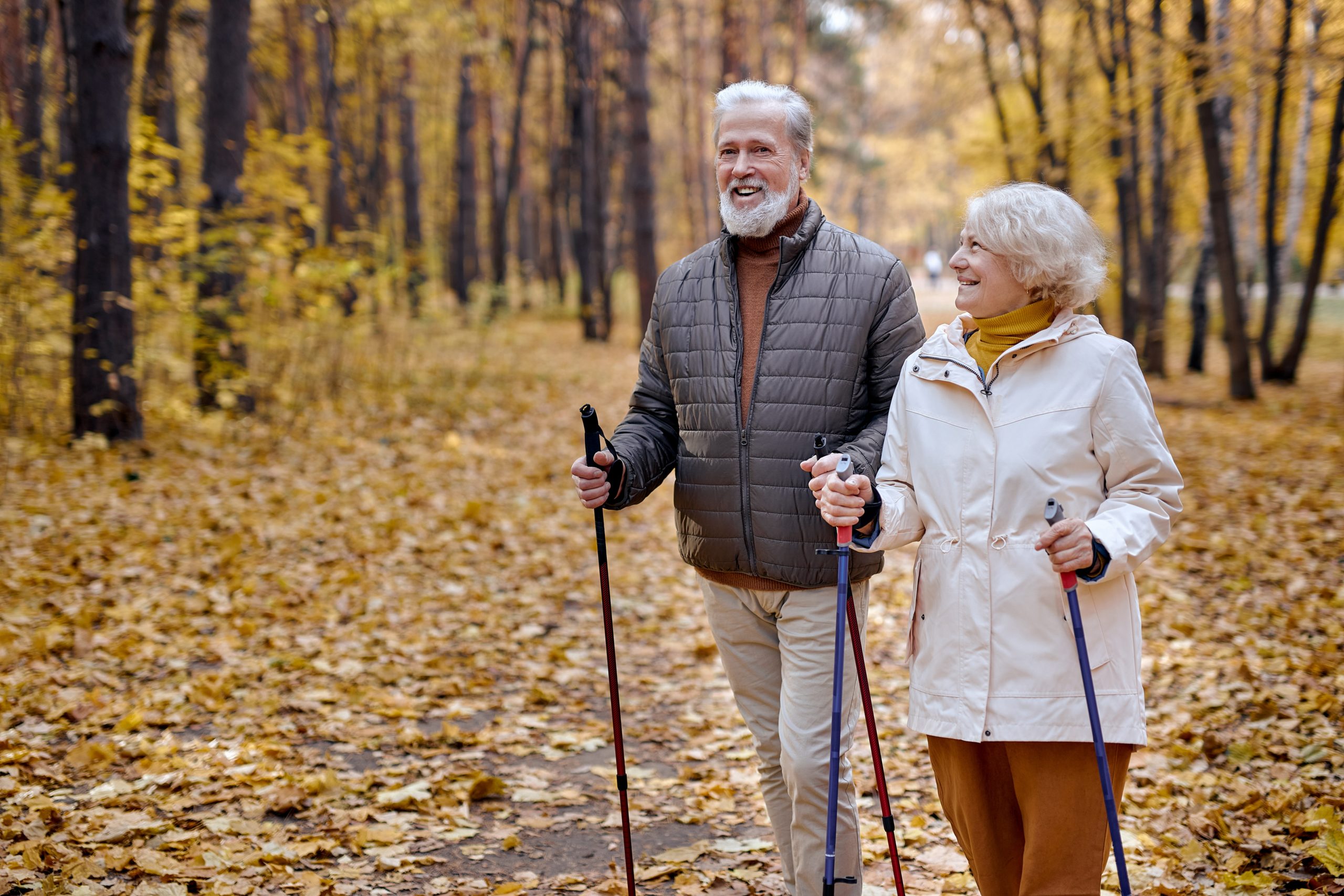 A happy senior couple walks together in the woods. 