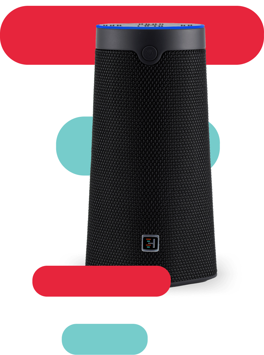  WellBe smart speaker with red and blue background. 