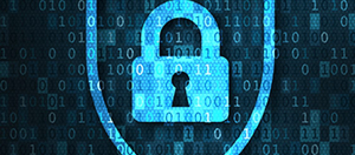 A turquoise symbol locked on a shield over computer code in the background to symbolize privacy.