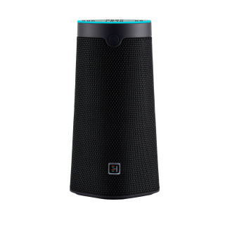 Black cylindrical WellBe® Voice-Assisted Healthcare Smart Speaker with transparent background.